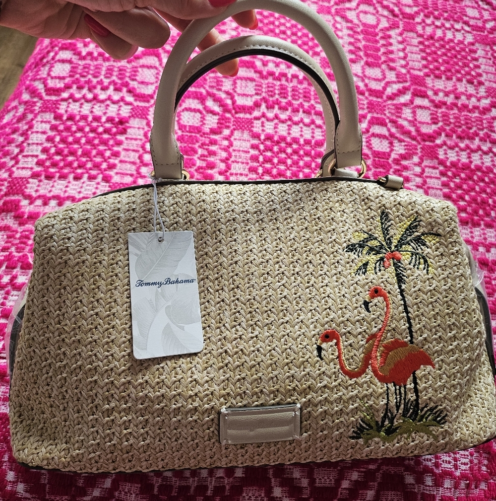 Tommy Bahama Natural Straw Satchel with  Flamingo Embroidery